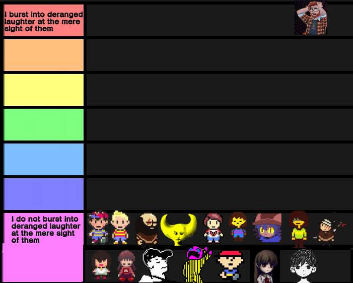 a tierlist with alex yiik being in the "i burst into deranged laughter at the mere sight of them" tier, and way down at the bottom, protagonists of various rpgs being in the "I do not burst into deranged laughter at the mere sight of them" tier
